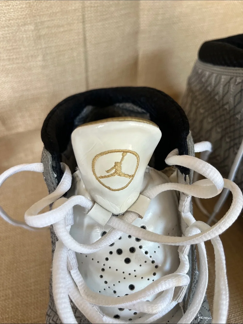 Nike Air Jordan 23  mid Top Sneakers in White, Gray & Gold